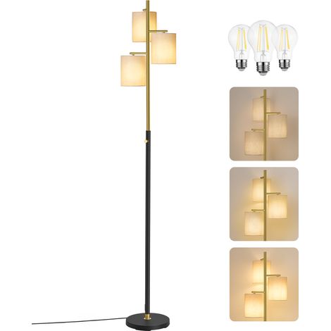VASAGLE Lampadaire sur Pied Salon, avec 3 Ampoules, 3 Douilles E27, Intensité Réglable, Abat-Jour en Tissu, Doré et Noir (1/5)