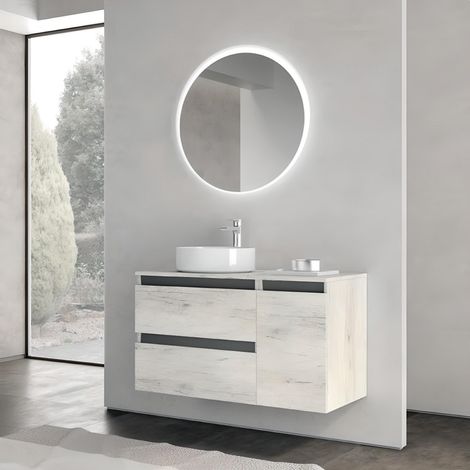 Mobile bagno sospeso Quercia Bianco 90 cm con specchio LED e lavabo - CUBE2 (1/3)