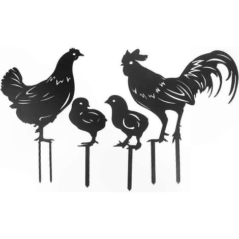 Künstlerische Gartendekoration aus Metall, Silhouetten von Hahn und Henne mit Erdspießen, zum Eingraben auf der Terrasse, dekoratives Statuen-Set, wetterfeste Rasenkunst. (1/5)