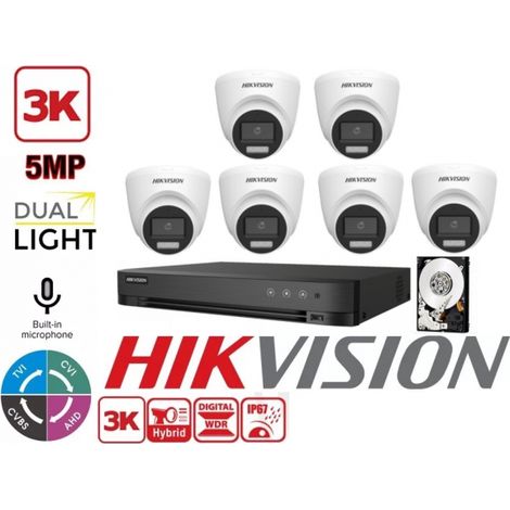 KIT VIDEOSORVEGLIANZA HIKVISION 8 CANALI 5 MPX 6 TELECAMERE BULLET 5MPX 3K HYBRID LIGHT HDD 1TB