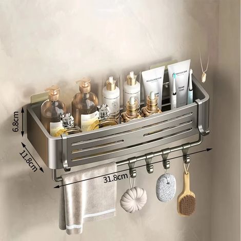 Étagère murale carrée avec tige, sans perçage, en alliage d'aluminium, pour salle de bain, rangement pour shampoing, maquillage et accessoires de cuisine. (1/5)