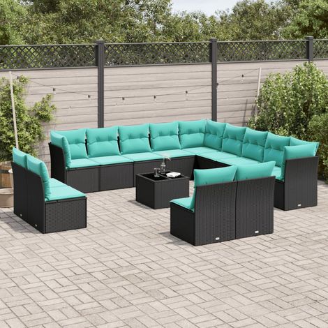 Ensemble canapé de jardin 14 pièces en résine tressée PE noire avec coussins bleus - PANGIVO (1/5)