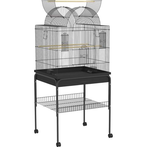 CHICFURN Gabbia per uccelli 63x53x144 cm in acciaio nero con ruote e vassoio rimovibile (1/5)