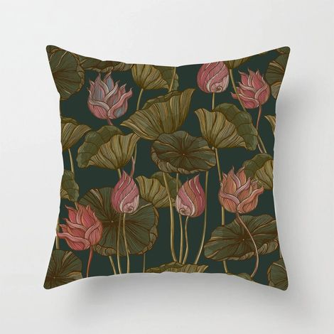 Taie D'oreiller Coton Linen Imprimé Lotus - Double Face - Pour Canapé Lit Chaise Bureau Extérieur - 40x40 cm (1/5)