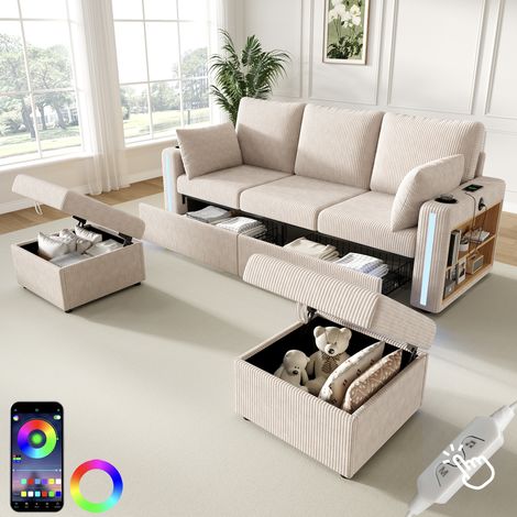 Canapé modulable en forme U/L, avec 2 poufs de rangement, éclairage d'ambiance LED via application et télécommande, porte-gobelets, USB/Type-C, étagère d'accoudoir, grands tiroirs, coussins, pour salo (1/5)