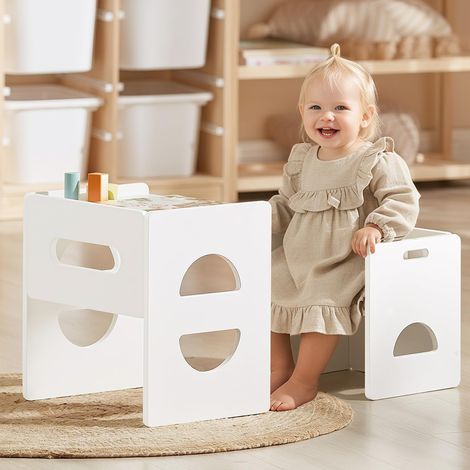 Ensemble Table et Chaise Montessori à Hauteur réglable pour 1-3 Ans, Ensemble Table et Chaise en Bois Massif, pour bébé pour Lire/Manger/Jouer - Blanc (1/5)