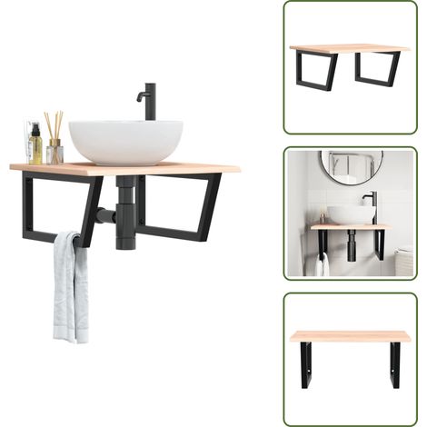 The Living Store Waschtischplatte mit Halterung Stahl und Massivholz Eiche - Wandhalterung