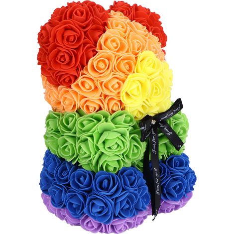 Ornement ours fleuri multicolore en PE à rose artificielle 25x17 cm cadeau Saint-Valentin anniversaire déco salon chambre 1 + 4 accessoires (1/5)