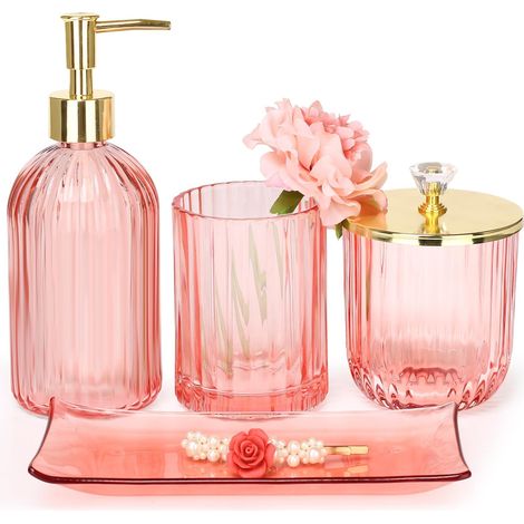 Lot de 4 Accessoires de Salle de Bain en Verre avec Distributeur de Savon, Porte-Brosse à Dents, Pot d'apothicaire, Plateau de courtoisie, décoration de Salle de Bain Moderne, Cadeau pour Maison (1/5)