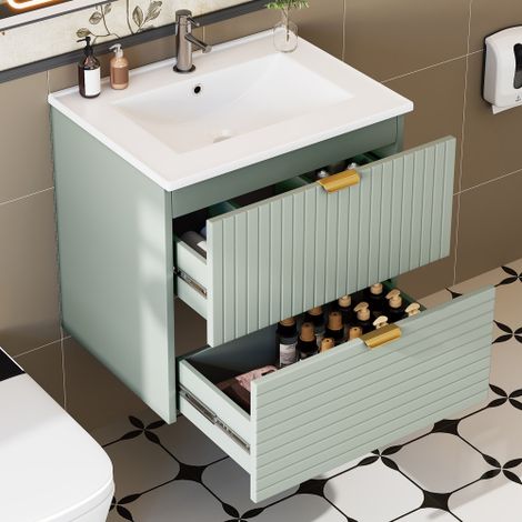 Meuble vasque mural 61x46x57 cm avec vasque et 2 tiroirs, en MDF et céramique, vert menthe (1/5)