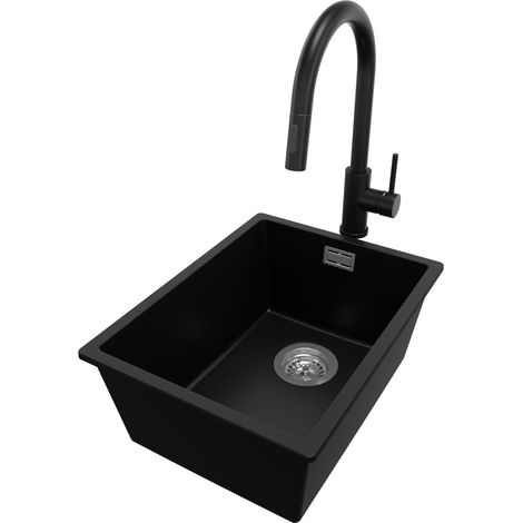 PRIMAGRAN Evier Sous Plan 36x47cm, Evier en Granit 1 bac + Robinet 40x20cm + Kit de Vidage, Évier au meuble 40cm - London, Noir (1/5)