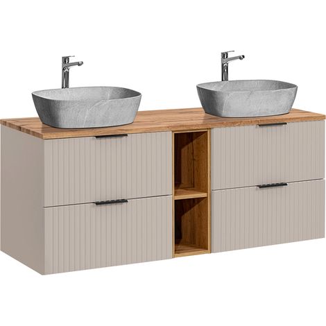 Mueble doble lavabo imitación piedra 140cm 2 compartimientos Adriel Cachemira y Madera (1/4)