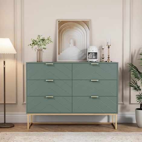 UEV Cassettiera Camera da Letto, Settimino con 6 Cassetti e Motivo di Linea, Mobiletto Moderno e Pratico, Sicuro Design Antiribaltamento, 100 x 34 x 73.5 cm, Verde (1/5)