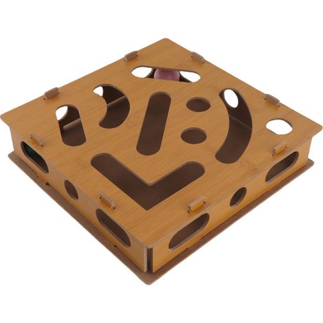 Boîte à jouets interactive pour chats, puzzle et jeu de réflexion, en panneau composite, avec balle et clochette, idéale pour l'exercice mental et physique des chats d'intérieur. (1/5)