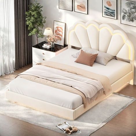 Beige gepolstertes Bett mit LED-Beleuchtung, hängendes Bett 140x200 cm, Doppelbett aus Samt, schwebender Bettgestell mit Lattenrost