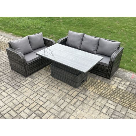Fimous Outdoor Rattan Garden Furniture Sets Height Adjustable Rising lifting Dining Table Lounge Sofa Set Dark Grey Mixed (1/5)