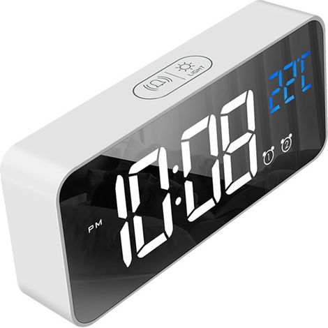 Réveil LED électrique multifonctionnel avec surface miroir élégante et silencieuse, idéal pour la maison, la chambre ou le bureau (blanc). (1/5)