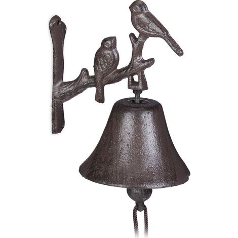 Relaxdays Clochette portière fonte Motif oiseau Cloche antique Sonnette murale Résistant température Brun Corde (1/5)