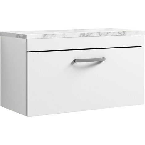 Millwich Contemporary 1 Drawer Wall Hung Vanity Unit with Laminate Carrara Marble Worktop, Gloss White, 800mm