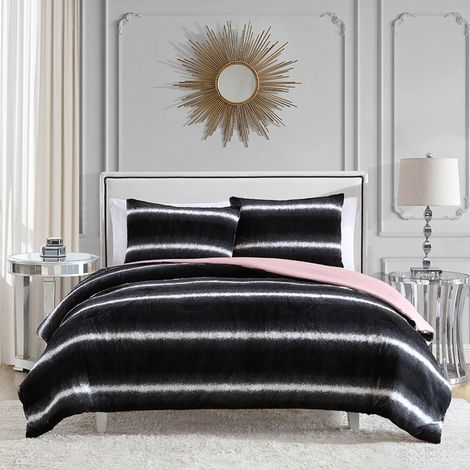 Parure de lit 3 pièces en Fausse Fourrure à Rayures ombrées pour très Grand lit Noir/Blanc Couette de 259,1 x 228,6 cm + (2) taies d'oreiller de 50,8 x 91,4 cm (1/5)