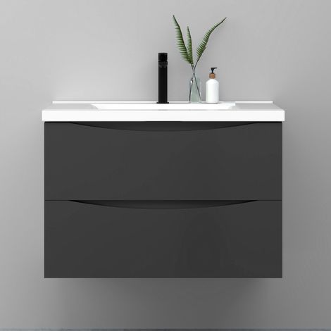 Meuble de salle de bain suspendu 80cm avec simple vasque + 2 tiroirs, Anthracite