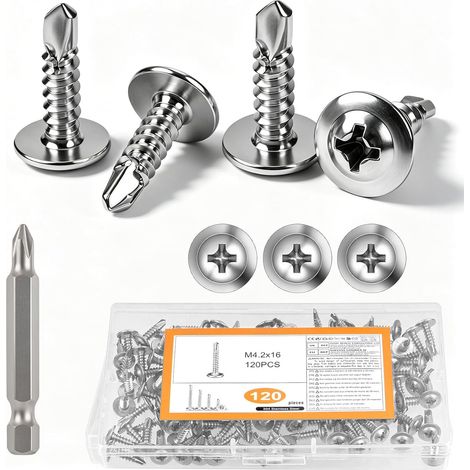 120 PcsVis Autoforeuse Metal, M4,2 x 16 mmVis Autoperforante,Vis Autotaraudeuses à tête plate Inox, Vis Autoperceuses pour Bac Acier, Toiture de Tôles Ondulées, métalliques, plastique (1/5)