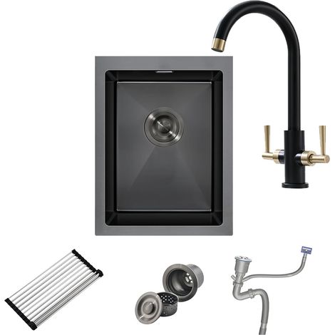 Évier Noir Anthracite 35 X 45 Cm Avec Robinet De Cuisine Double Poignée Pour Eau Chaude et Froide Noir, Égouttoir Et Siphon - 1 Bac Carré Encastré (1/5)