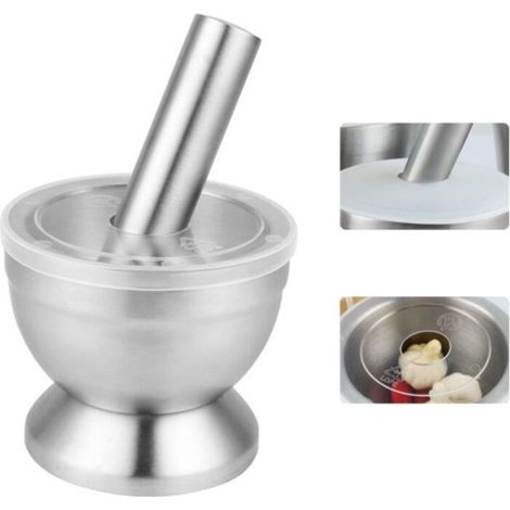 Mortier Pilon, Acier Inoxydable Mortiers et Pilons Cuisine pour Ail Epices Herbe Médecine Pilules--9.9x8.3cm (1/4)