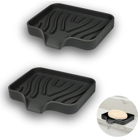 Zweiteilige Silikon-Seifenschale mit Abfluss, abgewinkeltes Design, rutschfest für Dusche, Küche und Badewanne (schwarz) (1/4)
