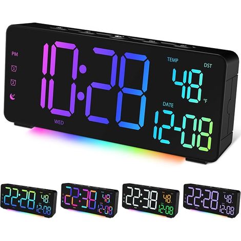 Digitaler RGB-LED-Wecker mit Temperaturanzeige, großem Display, USB-Ladeanschluss, 12-/24-Stunden-Anzeige, Schlummerfunktion, RGB-Umgebungsbeleuchtung, Dual-Alarm, Datumsanzeige, Sommerzeitanzeige, ge (1/5)