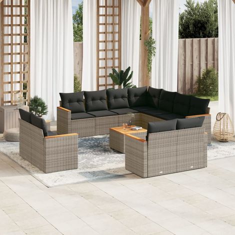 Ensemble de salon de jardin modulaire gris 12 places avec table en acacia et coussins lavables 1 canapé d'angle rotin, 6 canapés d'angle acacia, 4 sièges centraux Stockage intégré (1/3)