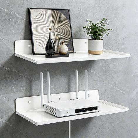 2 Pcs Etagere Murale Sans Perçage, Étagère Flottante Blanc en Métal  Supporte 6 Kg, Incluant 4 Crochet Cable, Etagere Rangement Murale pour Salon Chambre Cuisine Salle de Bain, 30 × 20 × 4 cm (1/5)