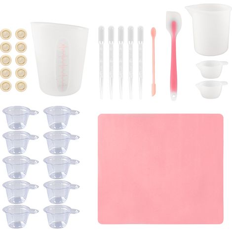 Trousse d'outils en silicone 32 pièces pour résine époxy : tasses à mesurer, spatules, gants et pipettes - Rose (1/5)