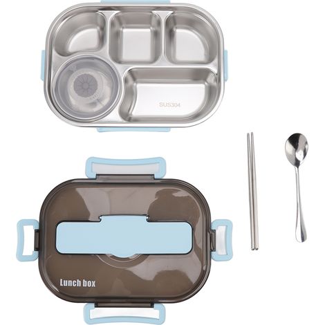 Edelstahl-Speisebehälter, Thermoskanne mit Suppenschüssel, Essstäbchen und Löffel für Erwachsene und Kinder, Blau (1/5)