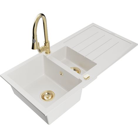 Mexen Andres fregadero de granito de 1,5 senos con escurridor y grifo de cocina Elia, blanco - 6515-20-670101-50 (1/5)