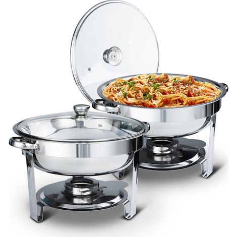 Juego de 2 calentadores de platos, tipo chafing dish, redondos de 4,7 L con tapa de cristal, acero inoxidable pulido, soporte para la tapa (1/5)
