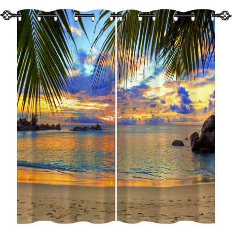 Rideau Occultant Tropical Plage Feuille de Palmier Rideau Thermique Isolant Draperies Intérieurs Tenture Opaque à Oeillets pour Maison Chambre Salon Fenetre 2 Pièces L 132 x H 160 cm - 132L X 160H cm (1/5)