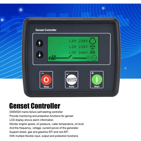 Modulo di controllo automatico per generatore DSE4520, controller per gruppo elettrogeno trifase, display LCD, tre telecomandi, pannello di controllo macchina integrato. (1/5)