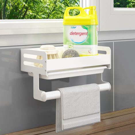 Porte Eponge Evier Cuisine, Organisateur Evier Cuisine avec bac à Goutte et Porte - Serviettes, Auto-adhésif Support Eponge Evier Cuisine pour Éponge, Brosse de Nettoyage (Blanc)