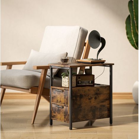 CHICFURN Mesa auxiliar con carga 55x35x58,5 cm marrón, USB, enchufes, 2 cajones (1/5)