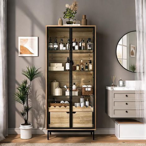 Meuble de rangement haut avec porte en verre et étagères en MDF (1/5)