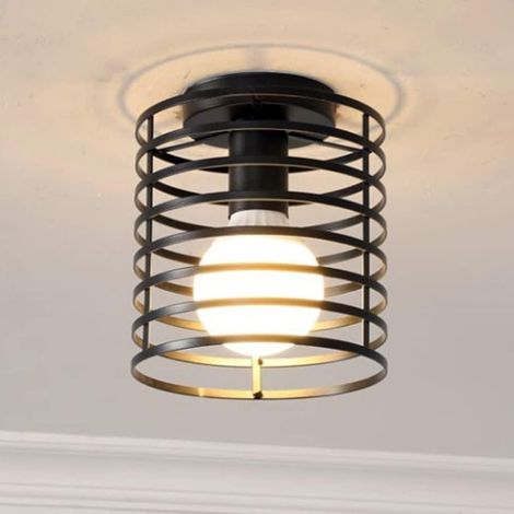 GROOFOO Plafonnier Industrielle Cage Lustre Suspension en Métal Fer Luminaire pour Chambre Cuisine Couloir,Noir (Noir - Rond)