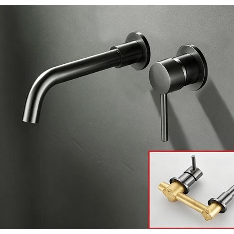 Robinet de Lavabo Encastrable Mural Gris Brossé en Laiton - Mitigeur Chaud/Froid Bi-Matière Séparable à Bec Pivotant pour Vasque (1/3)
