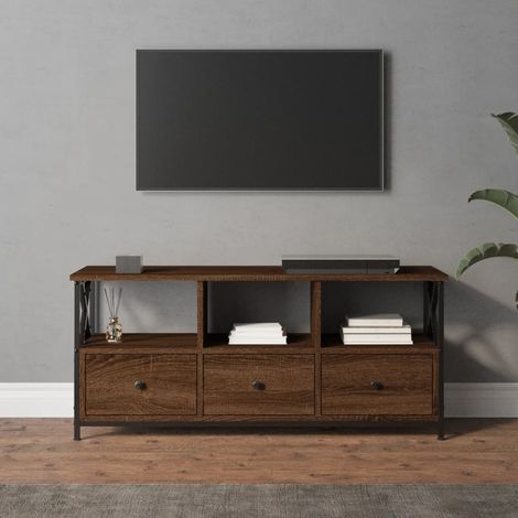 Meuble TV Banc TV Armoire de rangement chêne marron 102x33x45 cm bois d'ingénierie et fer 91007 (1/5)
