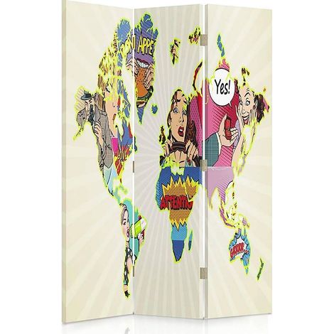 Paravent Déco Pop Art Mondial 3 Panneaux Design - 110 x 180 cm - 1 face déco, 1 face noir