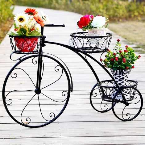 Pflanzregal Blumenregal Metall Fahrrad Design Schwarz Blumenständer mit 3 Ablagen für Balkon Flur Garten (1/5)
