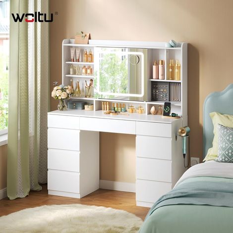 WOLTU Modern Sliding Mirror Dressing Table 9 Drawers Bedroom Makeup Desk Vanity Table and LED Mirror Lights and Power Strip White (1/5)