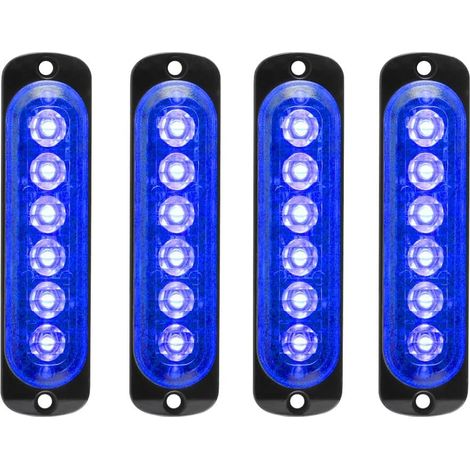4pcs 12-24V Ultra Mince Voyant Barre D'alarme Stroboscopique d'urgence Lampe- 6 LEDS Bande lumineuse D'avertissement de Flash Camion Moto Voiture - Bleu (1/5)