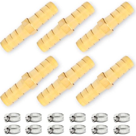 6 pièces 6mm connecteur cannelé en Laiton, raccord de Tuyau Droit 2 Voies avec 12 Pince (1/4)