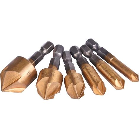 HSS Senker 6 tlg 5 Flöte Senker Sechskant 90 Grad Kegelsenker Satz Ø 6,35 6mm / 8mm / 9mm / 13mm / 16mm / 19mm Versenkbohrer (1/5)
